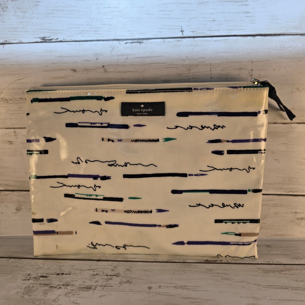 Kate‎ Spade New York Coated Canvas Cosmetic Pouch Abstract Pen Ink Print White